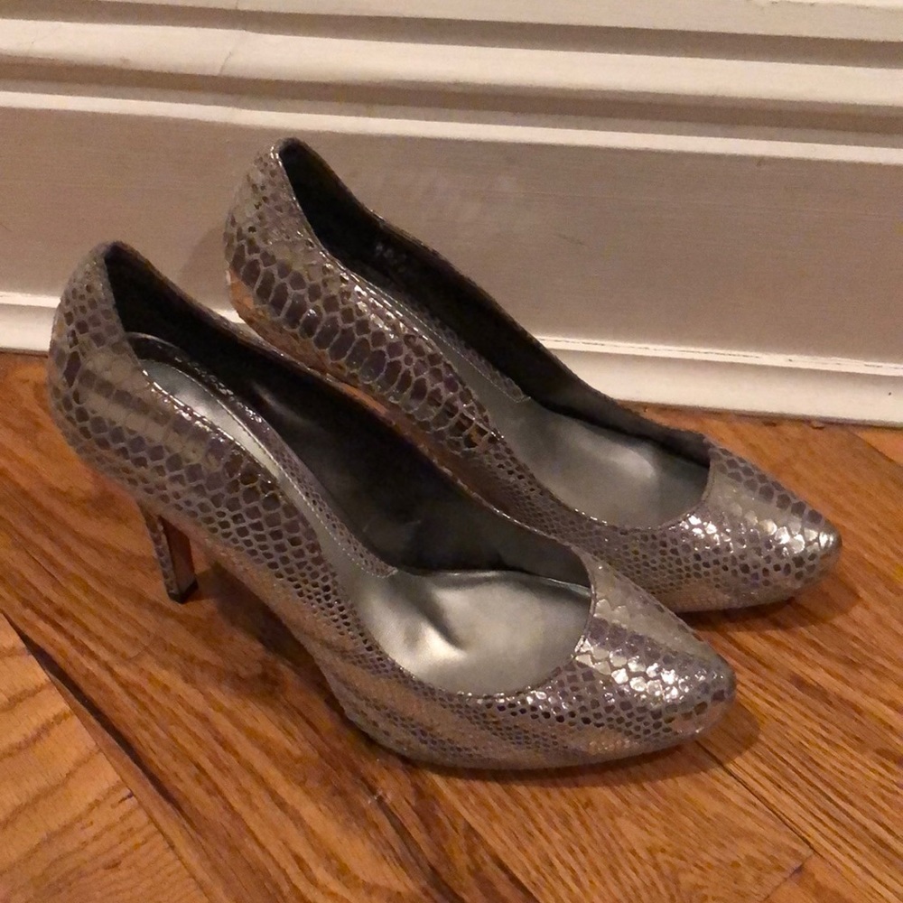 White House Black Market Silver Snakeskin Heels